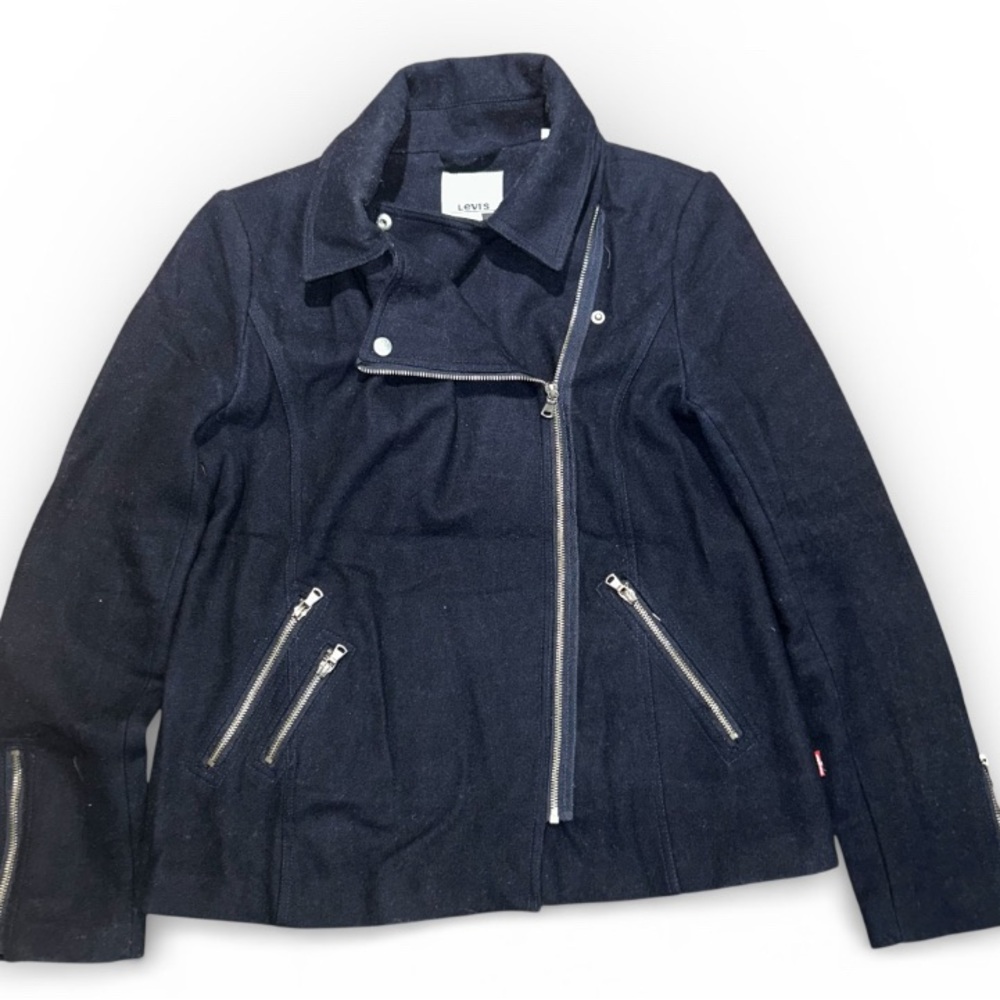 LEVI'S Women's Asymmetrical Wool Blend Moto Jacket Coat Sz M Navy With Hood